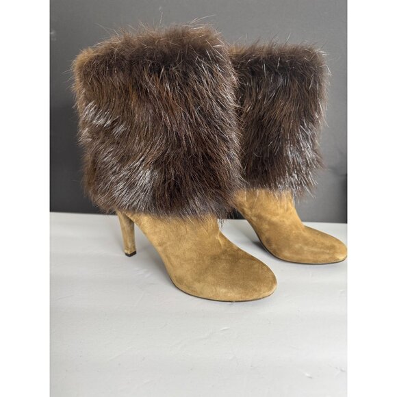 Louis Vuitton Shoes - Louis Vuitton Suede Fur Trim Heel Boots Tan EU 38 Authentic Y2K